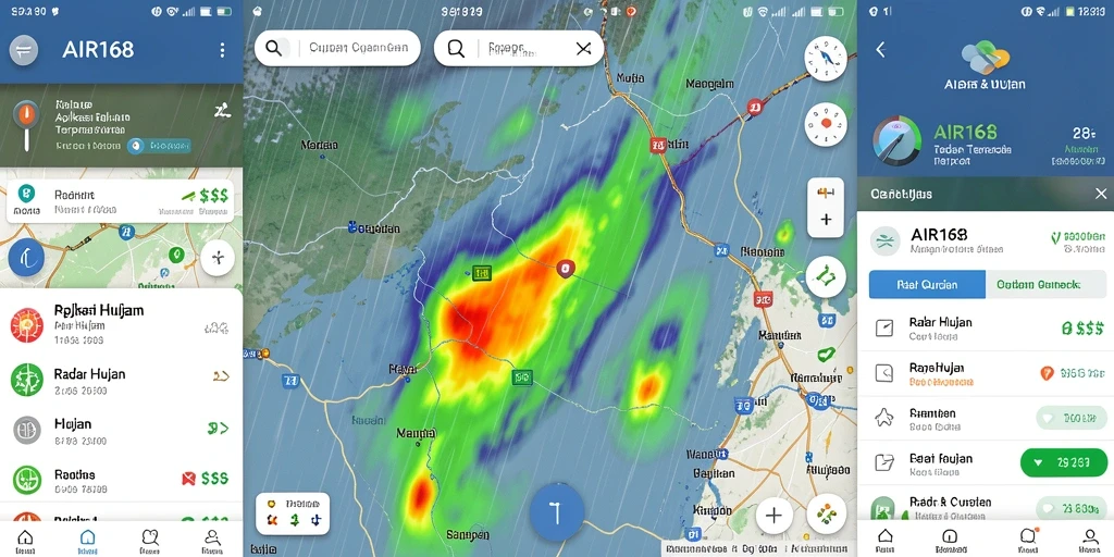 Antarmuka pengguna aplikasiyang menampilkan informasi radar hujan dan prakiraan cuaca.