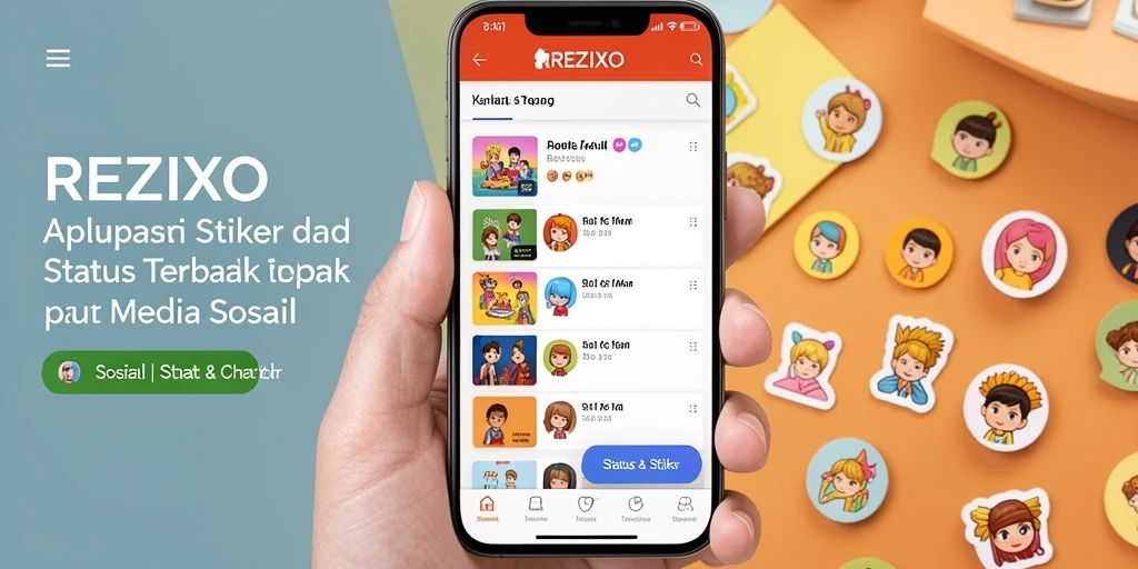 Antarmuka menarik dari REZIXO dengan berbagai stiker unik.