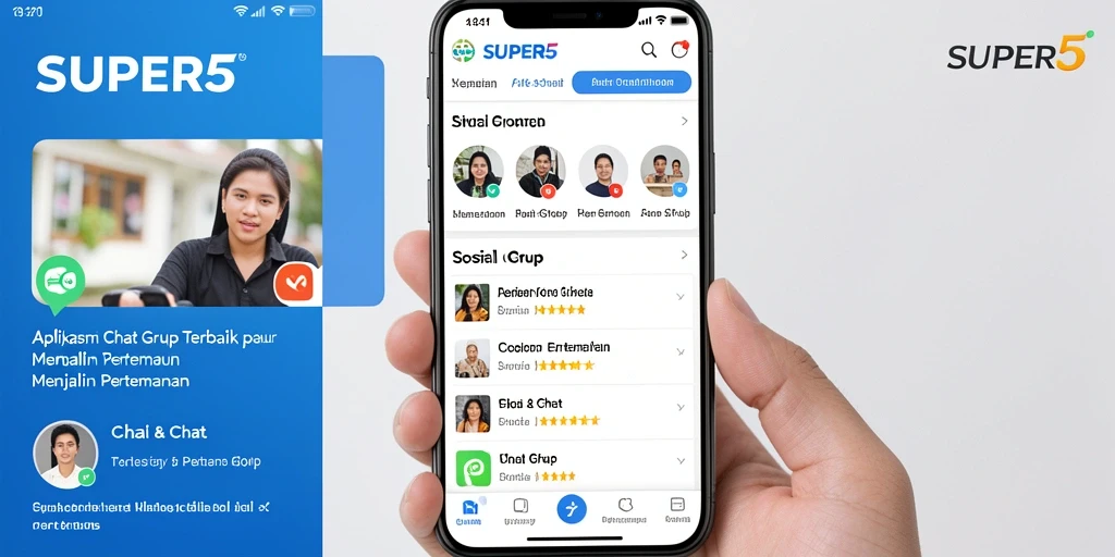Tampilan antarmuka utama SUPER5 yang menggabungkan chat grup dan fitur menarik.